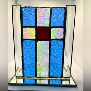Votive Stained Glass Cross Candle Holder Handcrafted Mirrored Christian Decor